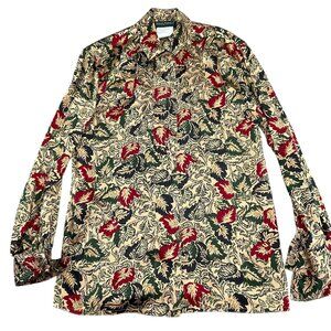 Harve Benard Blouse Women 6 Tan Red Leaf Floral Retro Secretary‎ Liquid Silk 80s